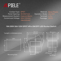 The technical parameters of 4 pins 2 position 3pcs rocker toggle switch on off 125v 20a 250v 16a for boat